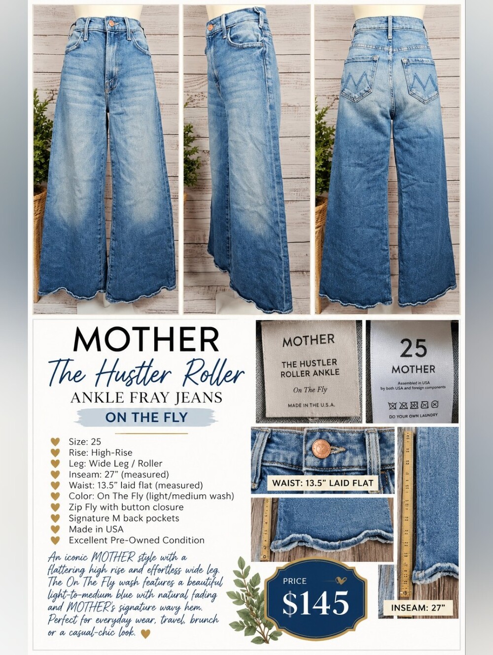 MOTHER The Hustler Roller Ankle High Rise Wide Leg Jeans On The Fly 25